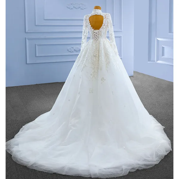 High-end White Beading Lace Flower Wedding Dresses 2022 Ball Gown High Neck Long Sleeve Backless Floor-Length / Long Wedding