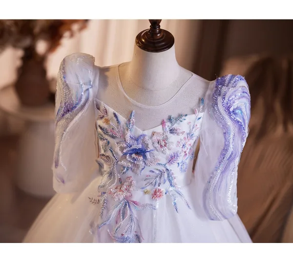 Chic / Belle Lavande Perlage En Dentelle Fleur Anniversaire Robe Ceremonie Fille 2025 Robe Boule Encolure Dégagée 3/4 Manches Dos Nu Longue Tulle