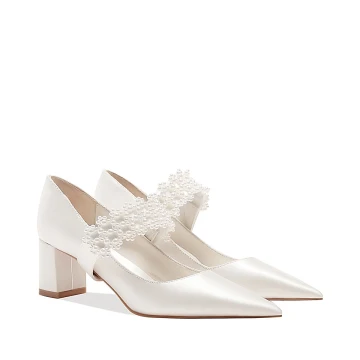 Elegante Witte Parel Satijn Leer Bruidsschoenen 2023 7 Cm Dikke Hak Spitse Neus Huwelijk Pumps