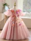 Flower Fairy Blushing Pink Lace Flower Appliques Birthday Flower Girl Dresses 2026 Ball Gown Scoop Neck Bell sleeves Backless Floor-Length / Long