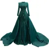 High-end Dark Green Trumpet / Mermaid Prom Dresses 2022 High Neck Long Sleeve Backless Beading Pearl Sequins Lace Flower Court Train Formal Dresses