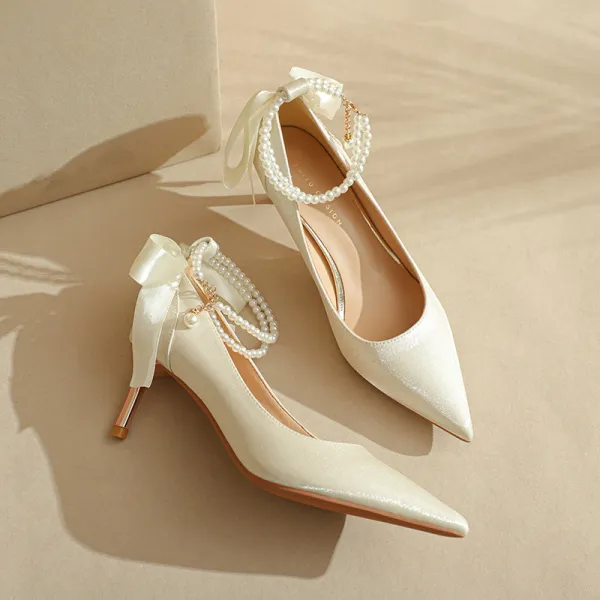 Elegant Ivory Pearl Bow Ankle Strap Wedding Shoes 2023 Satin 8 cm Stiletto Heels Pointed Toe Wedding Pumps High Heels