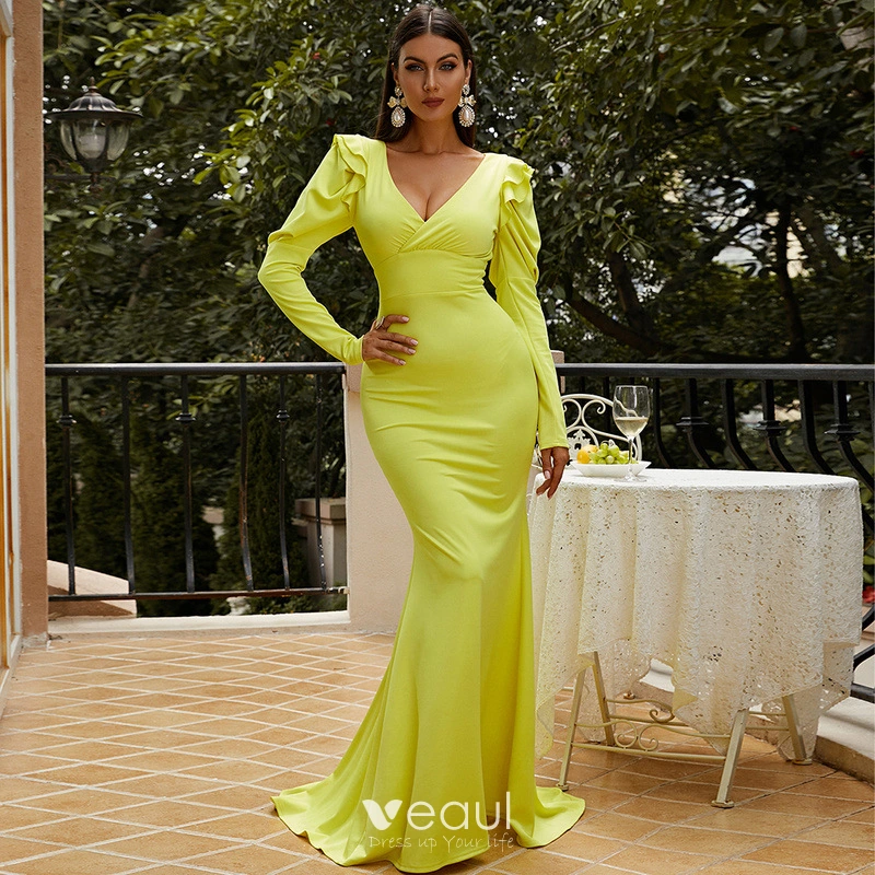 Modest Yellow Short Sleeves Long Prom Dress A-line Tulle Evening Gown –  Okdresses
