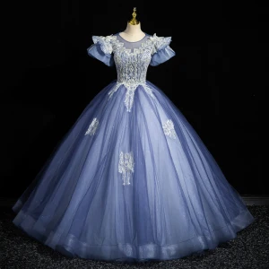 Élégant Bleu Ciel Perlage En Dentelle Fleur Robe De Bal 2023 Robe Boule Encolure Dégagée Gonflée Manches Courtes Dos Nu Longue Promo Robe De Ceremonie