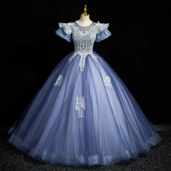 Elegant Sky Blue Beading Lace Flower Prom Dresses 2023 Ball Gown Scoop Neck Puffy Short Sleeve Backless Floor Length Long Prom Formal Dresses