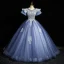 Elegant Sky Blue Beading Lace Flower Prom Dresses 2023 Ball Gown Scoop Neck Puffy Short Sleeve Backless Floor-Length / Long Prom Formal Dresses