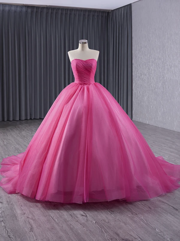 Fashion Fuchsia Cascading Ruffles Prom Dresses Ball Gown 2024 Strapless Sleeveless Backless Floor-Length / Long Prom Formal Dresses