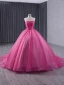 Fashion Fuchsia Cascading Ruffles Prom Dresses Ball Gown 2024 Strapless Sleeveless Backless Floor-Length / Long Prom Formal Dresses