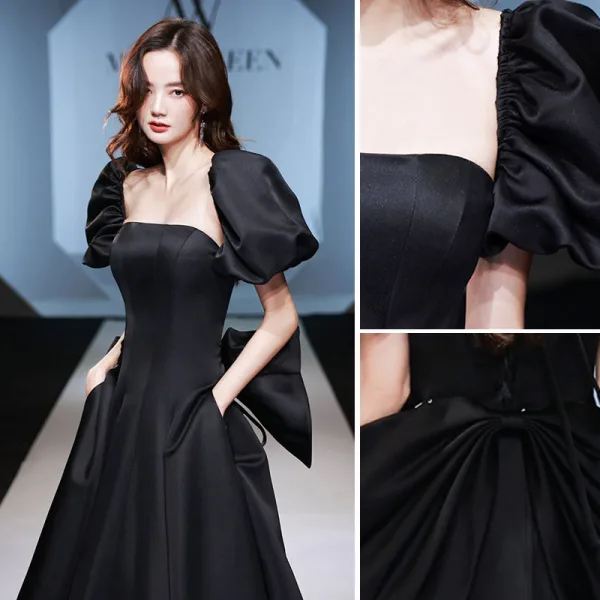 Elegant Black Satin Prom Dresses 2022 A-Line / Princess Square Neckline Puffy Short Sleeve Backless Bow Floor-Length / Long Formal Dresses
