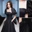Elegant Black Satin Prom Dresses 2022 A-Line / Princess Square Neckline Puffy Short Sleeve Backless Bow Floor-Length / Long Formal Dresses