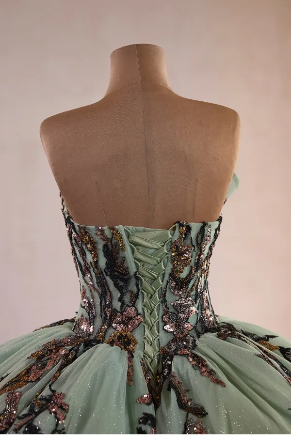 Luxus / Herrlich Salbeigrün Handgefertigt Perlenstickerei Spitze Blumen Ballkleider 2026 Ballkleid Bandeau Ärmellos Rückenfreies Kapelle-Schleppe Festliche Kleider