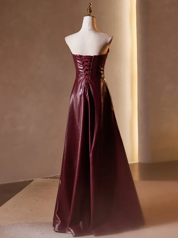 Sexy Burgundy Evening Dresses 2024 A-Line / Princess Strapless Sleeveless Backless Floor-Length / Long Evening Party Formal Dresses
