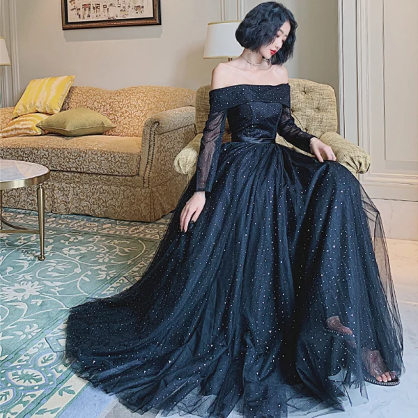 Chic / Belle Noire Paillettes Robe De Bal 2022 Princesse De l'épaule Manches Longues Dos Nu Ceinture Longue Promo Robe De Ceremonie