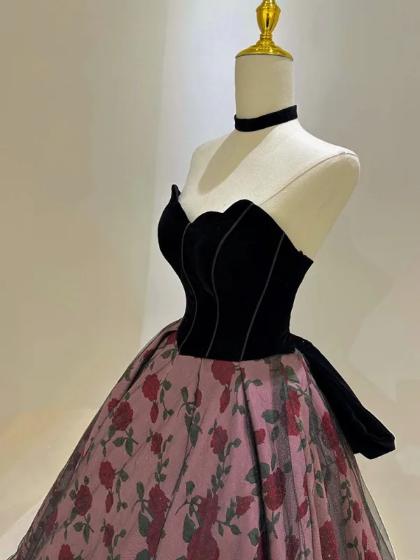 Élégant Noire Impression Robe De Bal 2025 Robe Boule Bustier Sans Manches Dos Nu Noeud Train De Balayage Promo Robe De Ceremonie