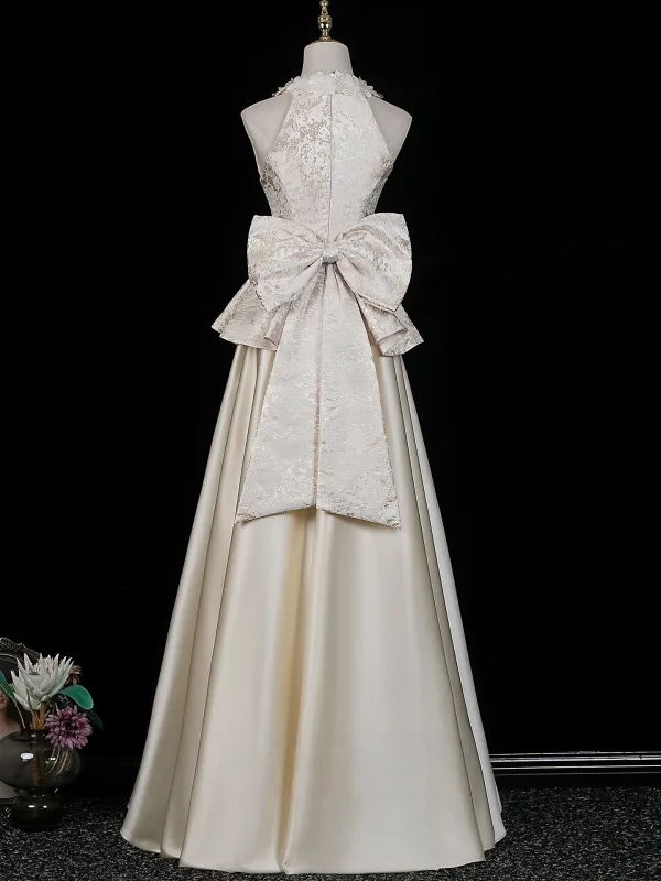 Élégant Champagne Appliques Noeud Robe De Soirée 2026 Princesse Col Haut Sans Manches Longue Soirée Robe De Ceremonie