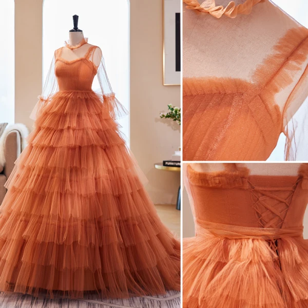 Fashion Orange Pleated Prom Dresses 2023 Ball Gown High Neck Bell sleeves Sweep Train Prom Formal Dresses