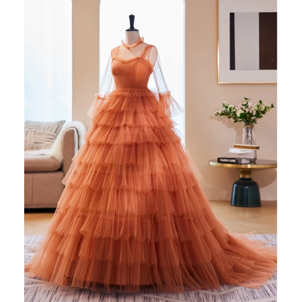 Fashion Orange Pleated Prom Dresses 2023 Ball Gown High Neck Bell sleeves Sweep Train Prom Formal Dresses