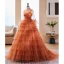 Fashion Orange Pleated Prom Dresses 2023 Ball Gown High Neck Bell sleeves Sweep Train Prom Formal Dresses