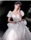 Luxus / Herrlich Ivory / Creme Perlenstickerei Perle Pailletten Brautkleider / Hochzeitskleider 2022 Ballkleid Eckiger Ausschnitt Geschwollenes Kurze Ärmel Rückenfreies Schleife Königliche Schleppe Hochzeit
