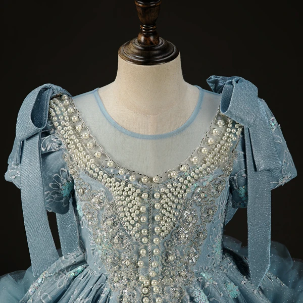 Luxury / Gorgeous Sky Blue Beading Pearl Sequins Cascading Ruffles Birthday Flower Girl Dresses 2023 Ball Gown Scoop Neck Short Sleeve Bow Backless Sweep Train