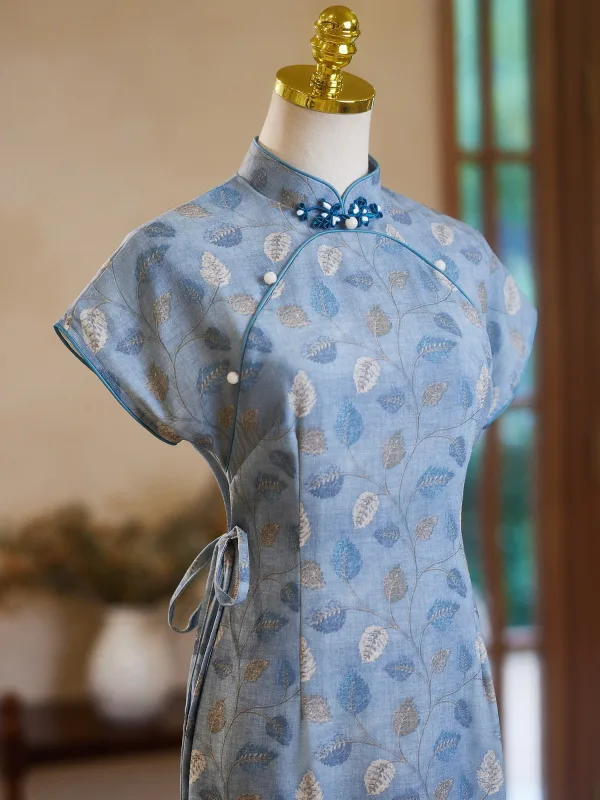 Chinese style Vintage / Retro Sky Blue Printing Cheongsam 2024 Trumpet / Mermaid High Neck Short Sleeve Tea-length