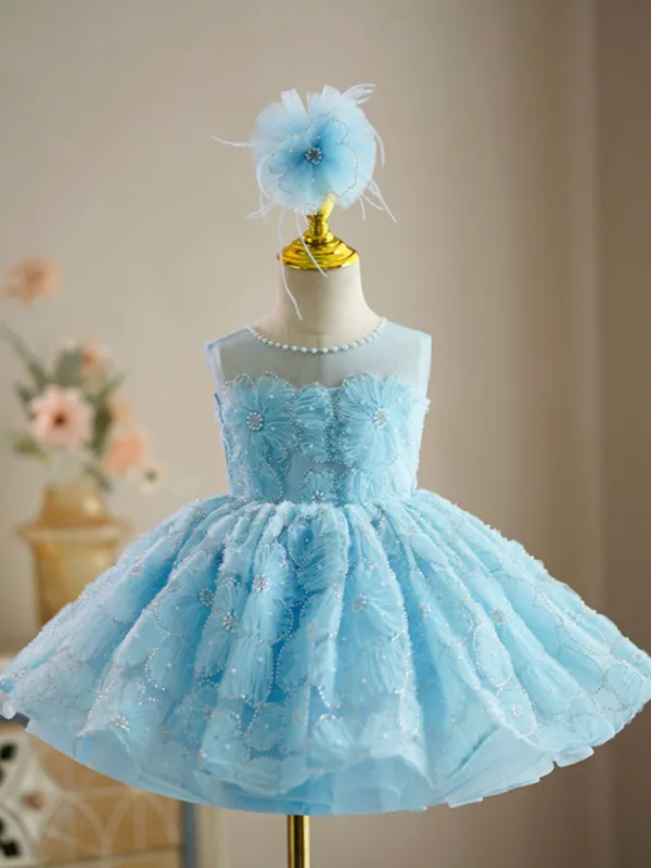 Fashion Sky Blue Pearl Short Birthday Flower Girl Dresses 2023 Ball Gown Scoop Neck Sleeveless