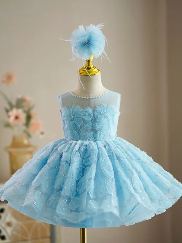 Fashion Sky Blue Pearl Short Birthday Flower Girl Dresses