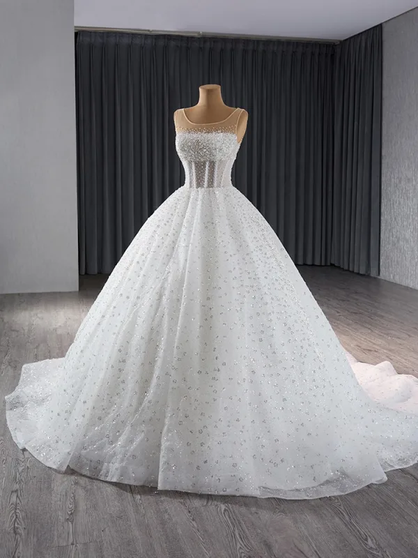 High-end White Handmade  Beading Sequins Wedding Dresses 2024 Ball Gown Scoop Neck Sleeveless Court Train Wedding