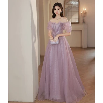 Charmant Violet Perlage Paillettes Robe De Soirée 2023 Princesse Bretelles Spaghetti Manches Courtes Dos Nu Longue Soirée Robe De Ceremonie