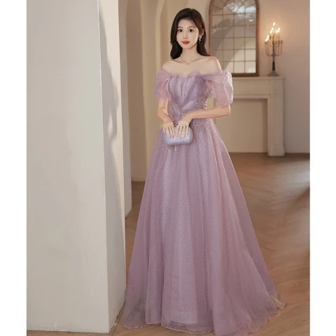 Charmant Violet Perlage Paillettes Robe De Soirée 2023 Princesse Bretelles Spaghetti Manches Courtes Dos Nu Longue Soirée Robe De Ceremonie