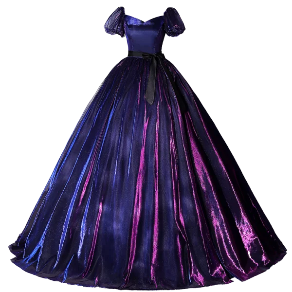 Vintage / Retro Navy Blue Gradient-Color Prom Dresses 2022 Ball Gown Square Neckline Puffy Short Sleeve Backless Bow Sash Floor-Length / Long Formal Dresses