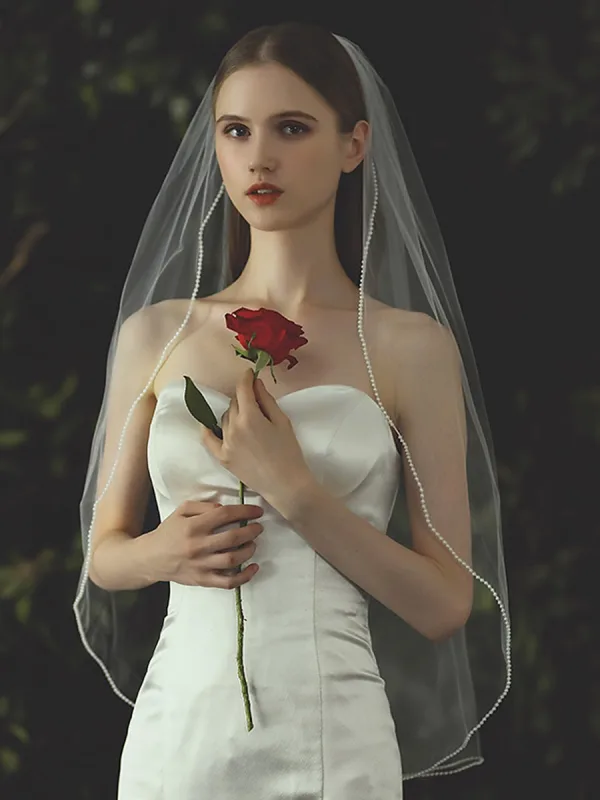 Modest / Simple White Handmade  Pearl Bridal 1 m Wedding Veils 2025 Tulle