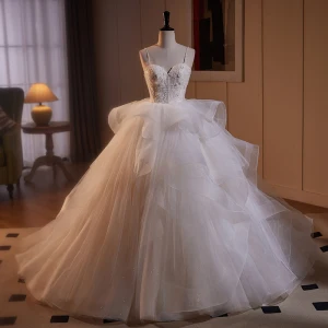 Charming White Beading Pearl Sequins Lace Flower Cascading Ruffles Light Wedding Dresses 2024 Ball Gown Spaghetti Straps Sleeveless Backless