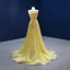 Chic / Beautiful Yellow Summer Sequins Prom Dresses 2022 A-Line / Princess One-Shoulder Sleeveless Backless Split Front Sweep Train Formal Dresses