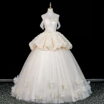 Enchanting Champagne Appliques Lace Flower Prom Dresses 2026 Ball Gown Off The Shoulder Sleeveless Backless Floor Length Long Formal Dresses