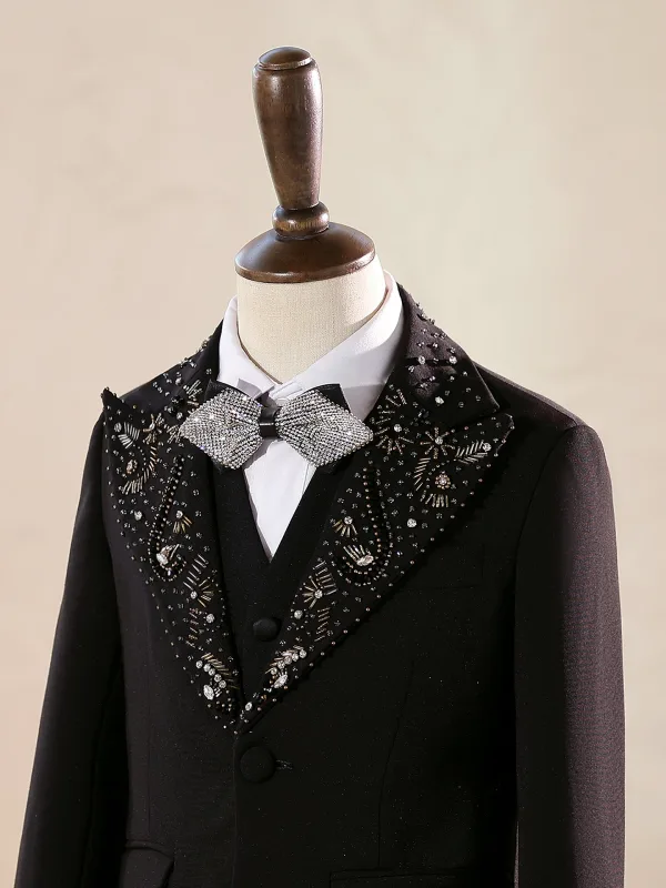Fashion Black Beading Rhinestone 5-piece Long Sleeve Boys Wedding Suits 2025 Coat Pants Shirt Tie Vest