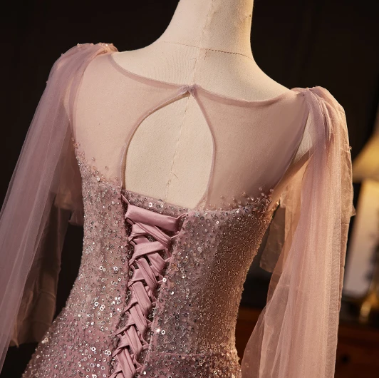Sparkly Blushing Pink Sequins Prom Dresses 2024 A-Line / Princess Scoop Neck Short Sleeve Backless Floor-Length / Long Prom Formal Dresses