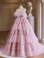 Charmant Rougissant Rose Volants en Cascade Robe De Bal 2024 Robe Boule Bretelles Spaghetti Sans Manches Dos Nu Noeud Ceinture Train De Balayage Promo Robe De Ceremonie