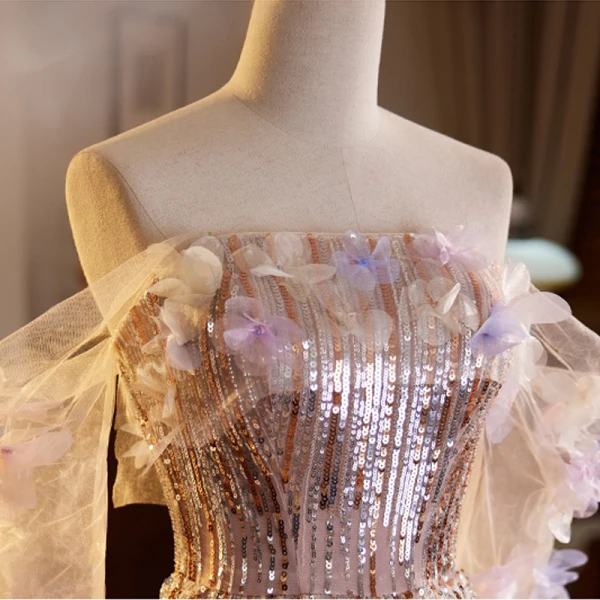Scintillantes Haut de Gamme Rougissant Rose Perle Appliques Paillettes Robe De Soirée 2023 Princesse De l'épaule 3/4 Manches Dos Nu Longue Soirée Robe De Ceremonie