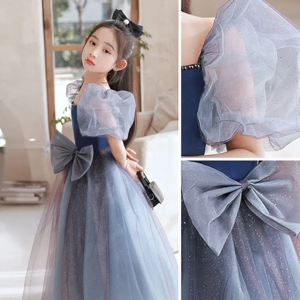 Élégant Bleu Marine Paillettes Promo Robe Ceremonie Fille 2022 Princesse Encolure Carrée Gonflée Manches Courtes Noeud Dos Nu Longue Robe Ceremonie Fille