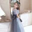 Élégant Bleu Marine Paillettes Promo Robe Ceremonie Fille 2022 Princesse Encolure Carrée Gonflée Manches Courtes Noeud Dos Nu Longue Robe Ceremonie Fille