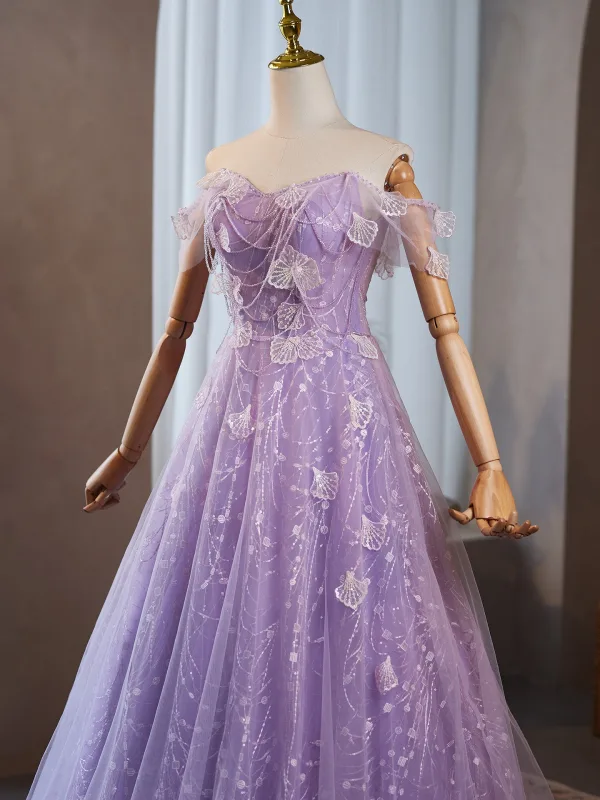 Chic / Beautiful Lavender Beading Sequins Prom Dresses 2025 A-Line / Princess Off-The-Shoulder Sleeveless Backless Floor-Length / Long Formal Dresses