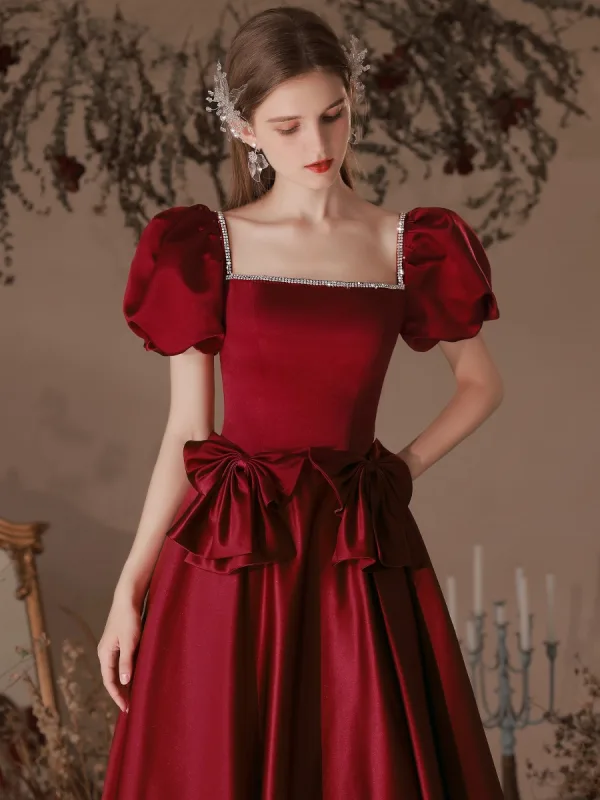 Vintage / Retro Burgundy Rhinestone Satin Evening Dresses 2022 A-Line / Princess Square Neckline Puffy Short Sleeve Bow Backless Floor-Length / Long Evening Party Formal Dresses