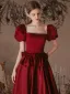 Vintage / Retro Burgundy Rhinestone Satin Evening Dresses 2022 A-Line / Princess Square Neckline Puffy Short Sleeve Bow Backless Floor-Length / Long Evening Party Formal Dresses