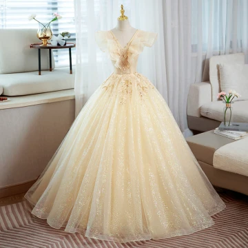 Elegant Champagne Lace Sequins Prom Dresses 2022 Ball Gown V Neck Sleeveless Backless Floor Length Long Prom Formal Dresses