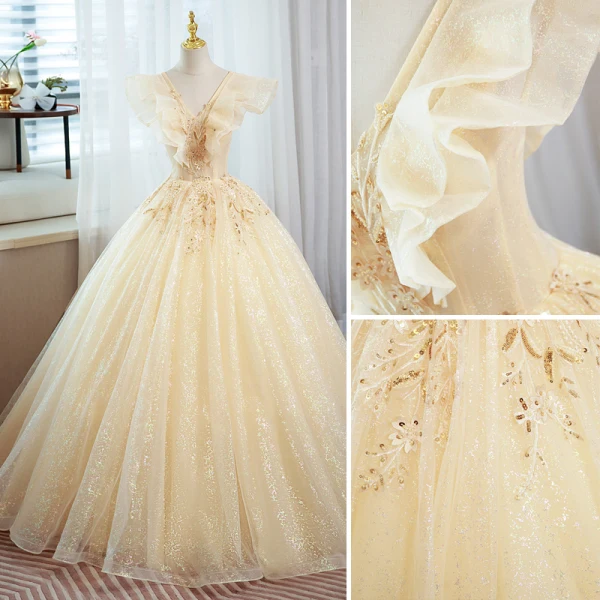 Elegant Champagne Lace Sequins Prom Dresses 2022 Ball Gown V-Neck Sleeveless Backless Floor-Length / Long Prom Formal Dresses