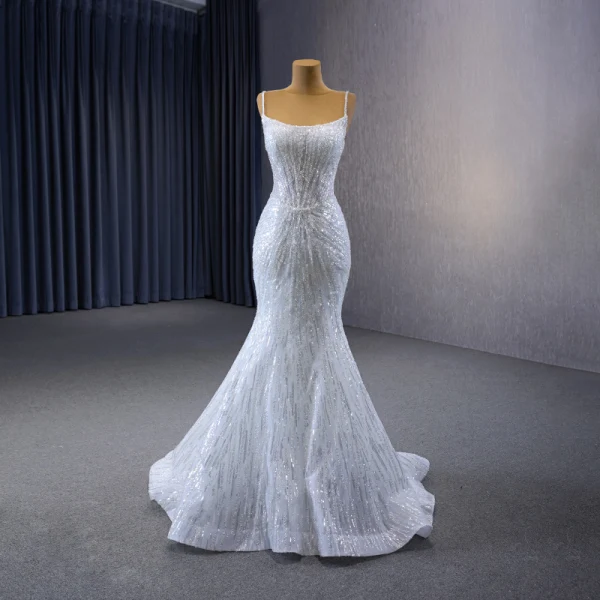 Haut de Gamme Scintillantes Blanche Glitter Perlage Paillettes Robe De Mariée 2023 Trompette / Sirène Bretelles Spaghetti Sans Manches Dos Nu Tribunal Train Mariage