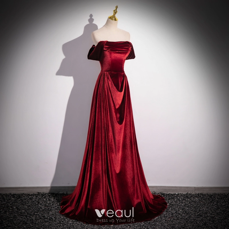 Modest / Simple Burgundy Velvet Prom Dresses 2024 A-Line / Princess Square  Neckline Sleeveless Backless Floor-Length / Long Prom Formal Dresses