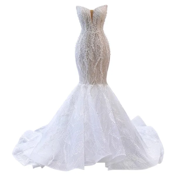 Luxury / Gorgeous Sexy White Beading Pearl Glitter Wedding Dresses 2023 Trumpet / Mermaid Strapless Sleeveless Backless Sweep Train Wedding