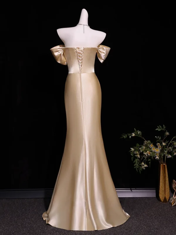 Sexy Evening Dresses Champagne 2026 Trumpet / Mermaid Off-The-Shoulder Short Sleeve Backless Floor-Length / Long Formal Dresses